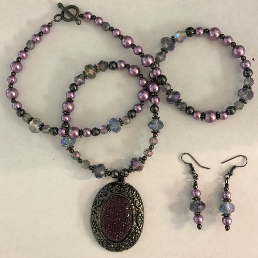 handmade Purple druzy necklace & earring set pearl and beads
